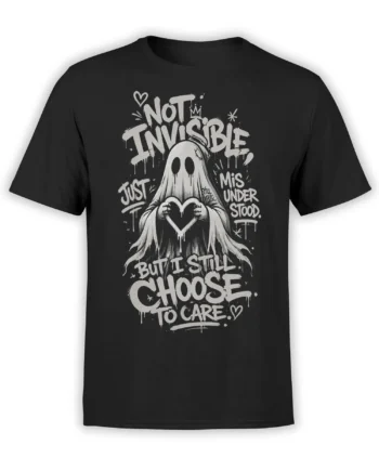 Black T-shirt with a misunderstood ghost holding a heart and distressed white lettering