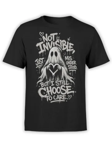 Black T-shirt with a misunderstood ghost holding a heart and distressed white lettering
