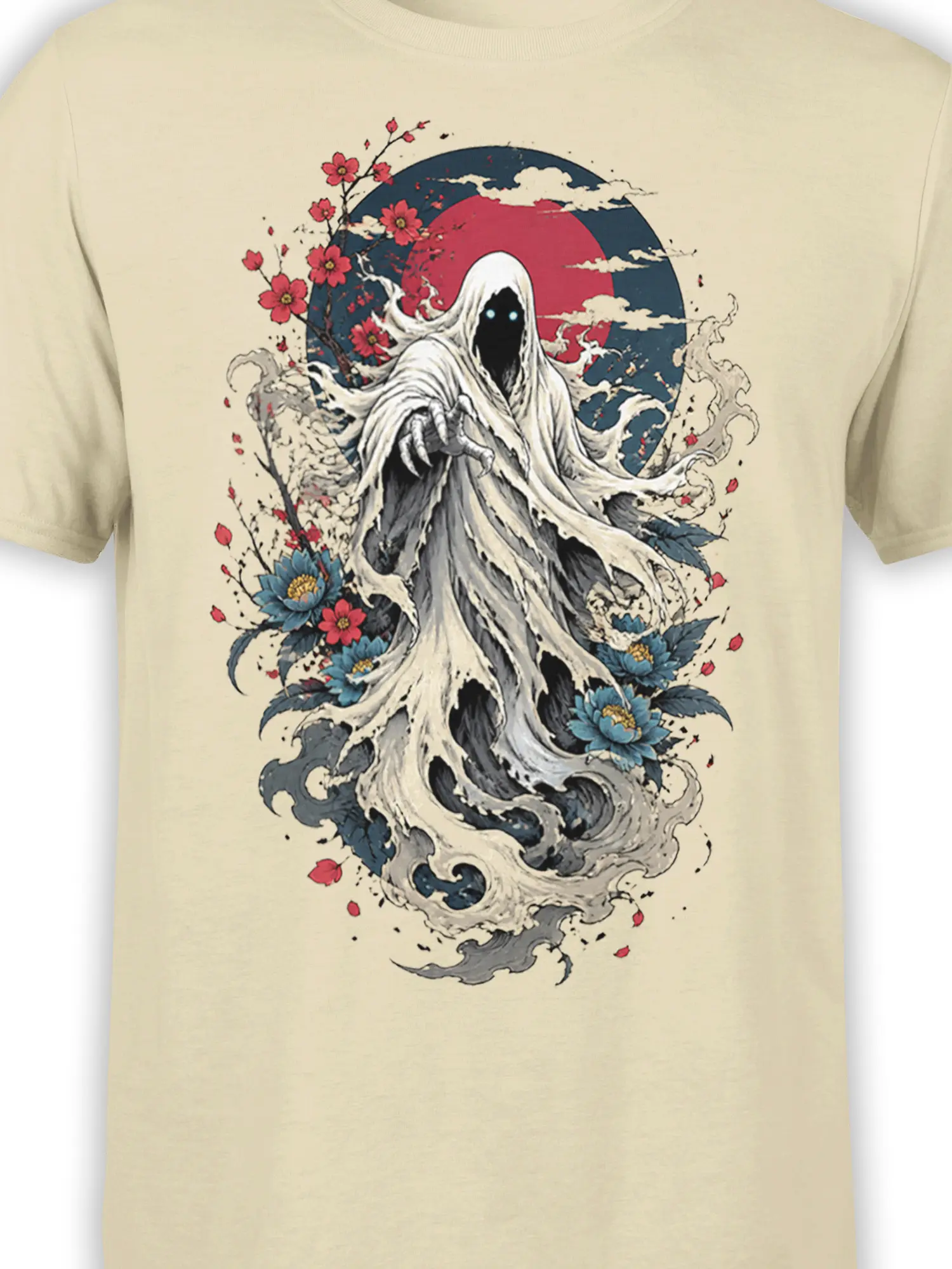Close-up of hooded wraith artwork with blue eyes, red blossoms, blue flowers, and moonlit waves