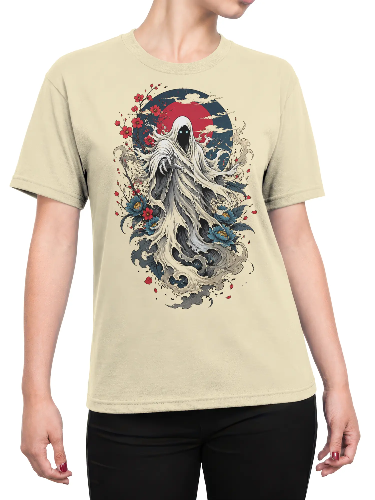 Female torso wearing a beige T-shirt with hooded wraith, flowers, red moon, and swirling wave artwork