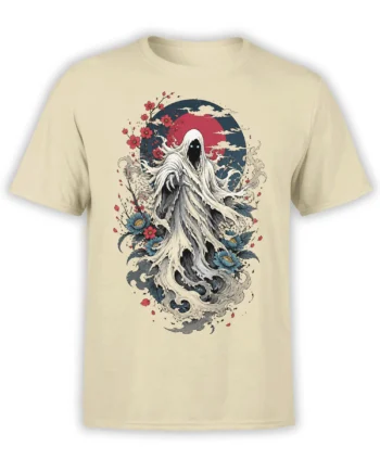 Beige T-shirt with a hooded wraith, glowing blue eyes, red moon, flowers, and swirling waves
