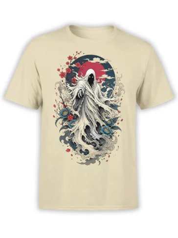 Beige T-shirt with a hooded wraith, glowing blue eyes, red moon, flowers, and swirling waves