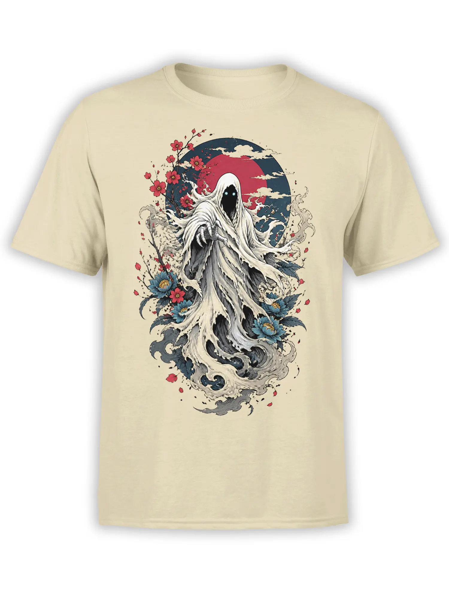 Beige T-shirt with a hooded wraith, glowing blue eyes, red moon, flowers, and swirling waves