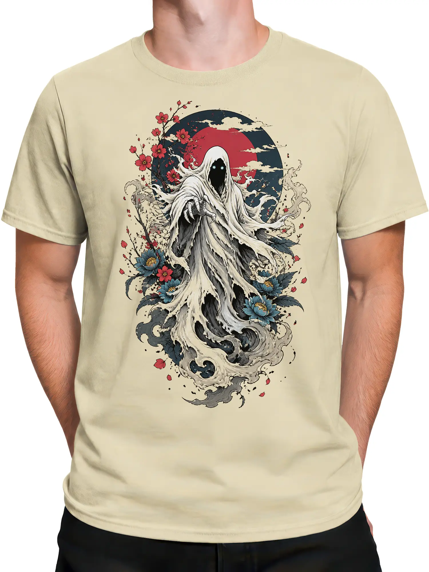Male torso wearing a beige T-shirt with hooded wraith, flowers, red moon, and swirling wave artwork