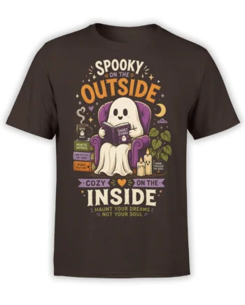 Brown ghost t-shirt with a friendly spirit reading ghost stories in a purple chair beside candles and plants