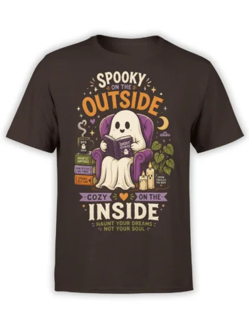 Brown ghost t-shirt with a friendly spirit reading ghost stories in a purple chair beside candles and plants