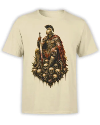 Roman-style warrior with sword and red cape above skulls on a beige graphic T-shirt