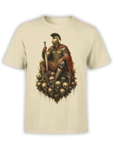 Roman-style warrior with sword and red cape above skulls on a beige graphic T-shirt