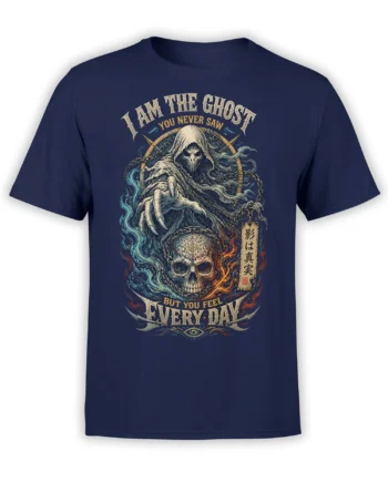 Hooded ghost reaching over a skull with chains and flames on a navy T-shirt