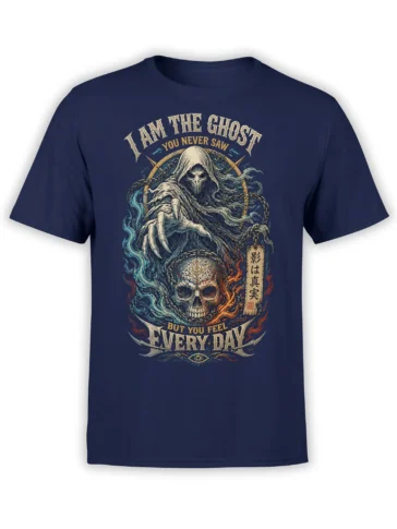 Hooded ghost reaching over a skull with chains and flames on a navy T-shirt