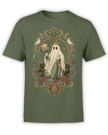 Crowned ghost with black cats, feather duster, and vacuum on an ornate olive green fantasy T-shirt