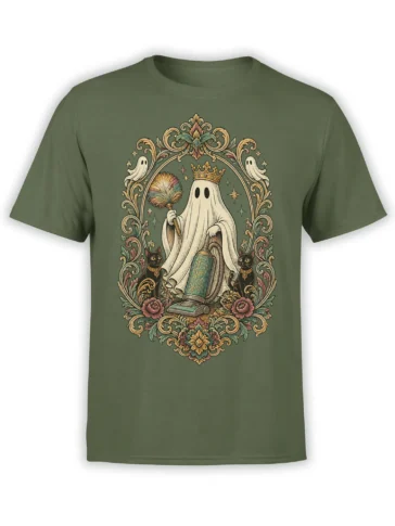 Crowned ghost with black cats, feather duster, and vacuum on an ornate olive green fantasy T-shirt
