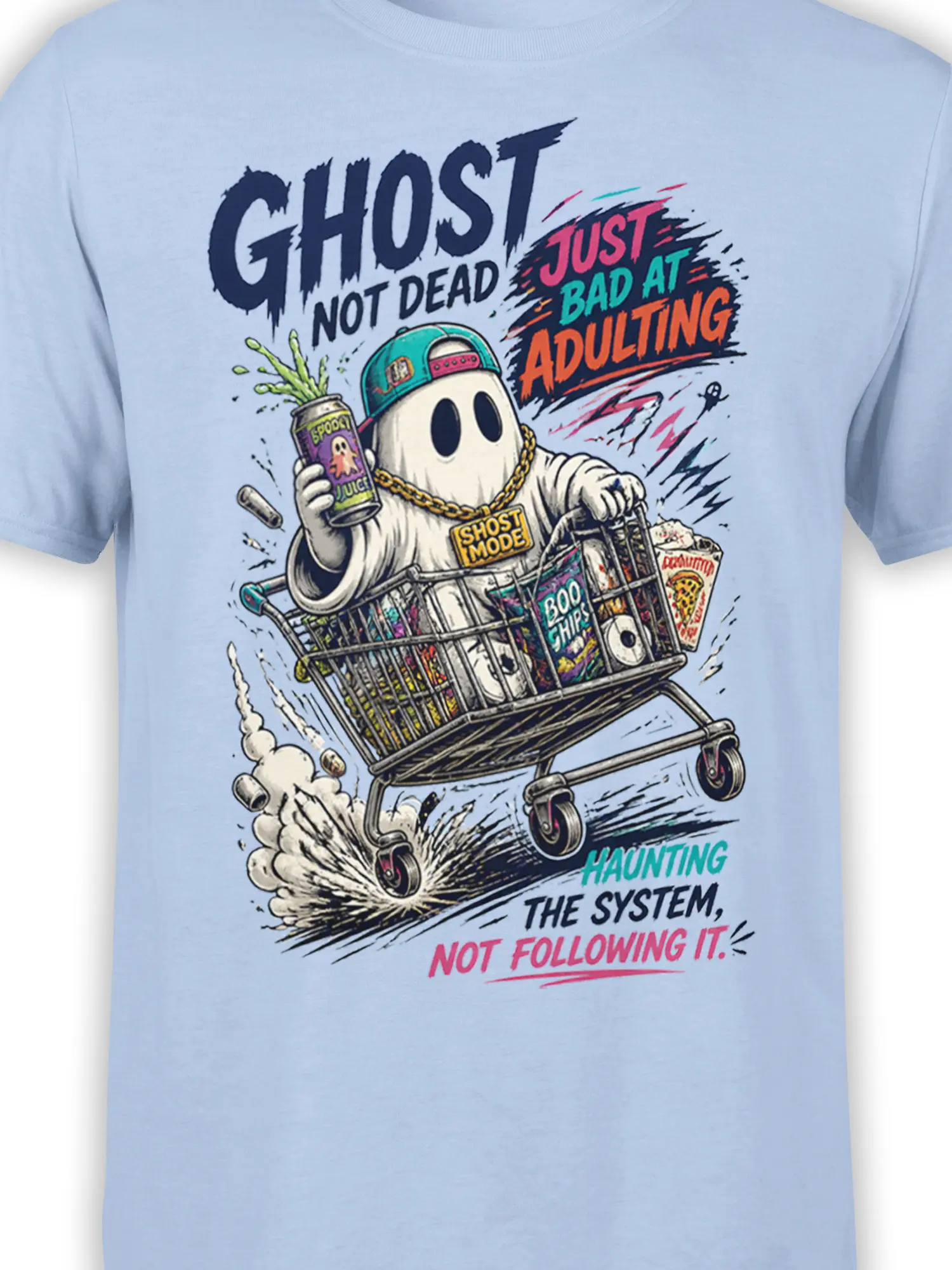 Close-up of light blue ghost graphic tee showing the ghost, shopping cart, snacks, and bold colorful lettering