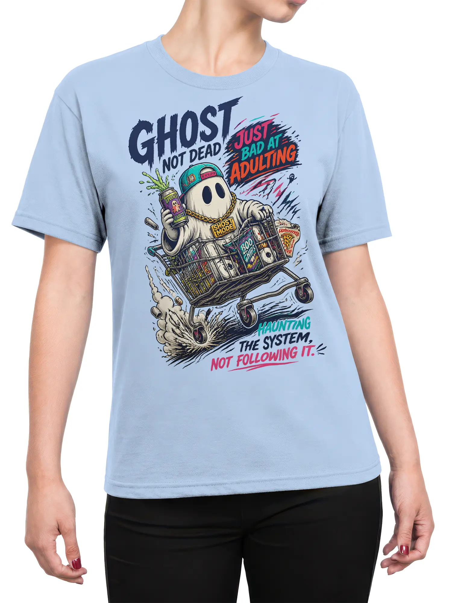 Female torso wearing a light blue ghost t-shirt with a snack cart graphic and sarcastic adulting message