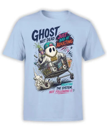 Light blue ghost t-shirt with a cartoon ghost pushing a snack-filled cart and bad-at-adulting text