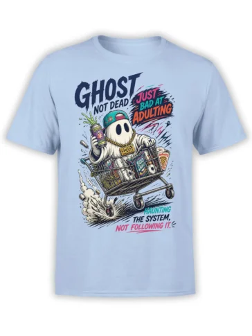 Light blue ghost t-shirt with a cartoon ghost pushing a snack-filled cart and bad-at-adulting text