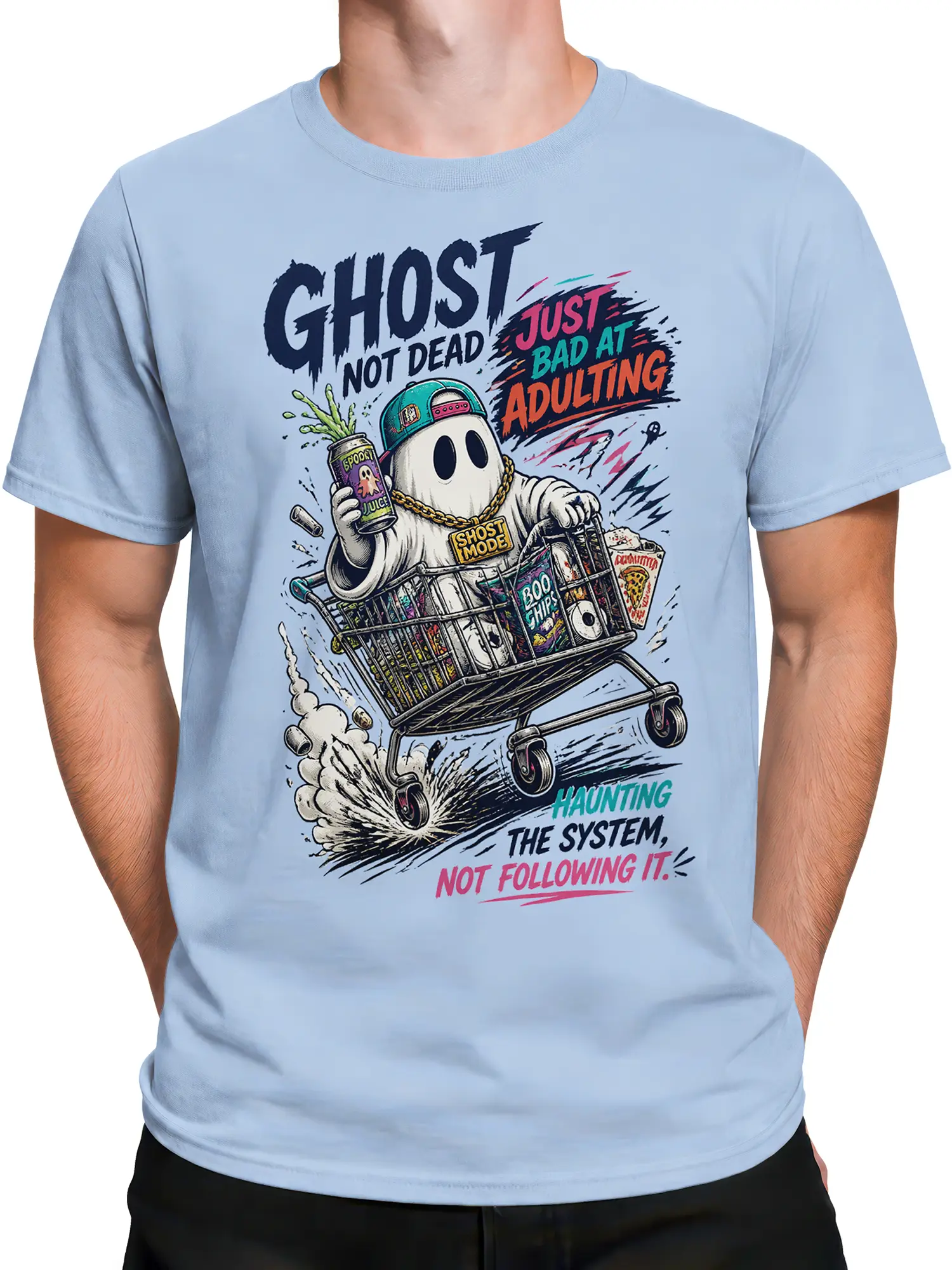 Male torso wearing a light blue ghost t-shirt with a shopping cart, snacks, and rebellious graphic text