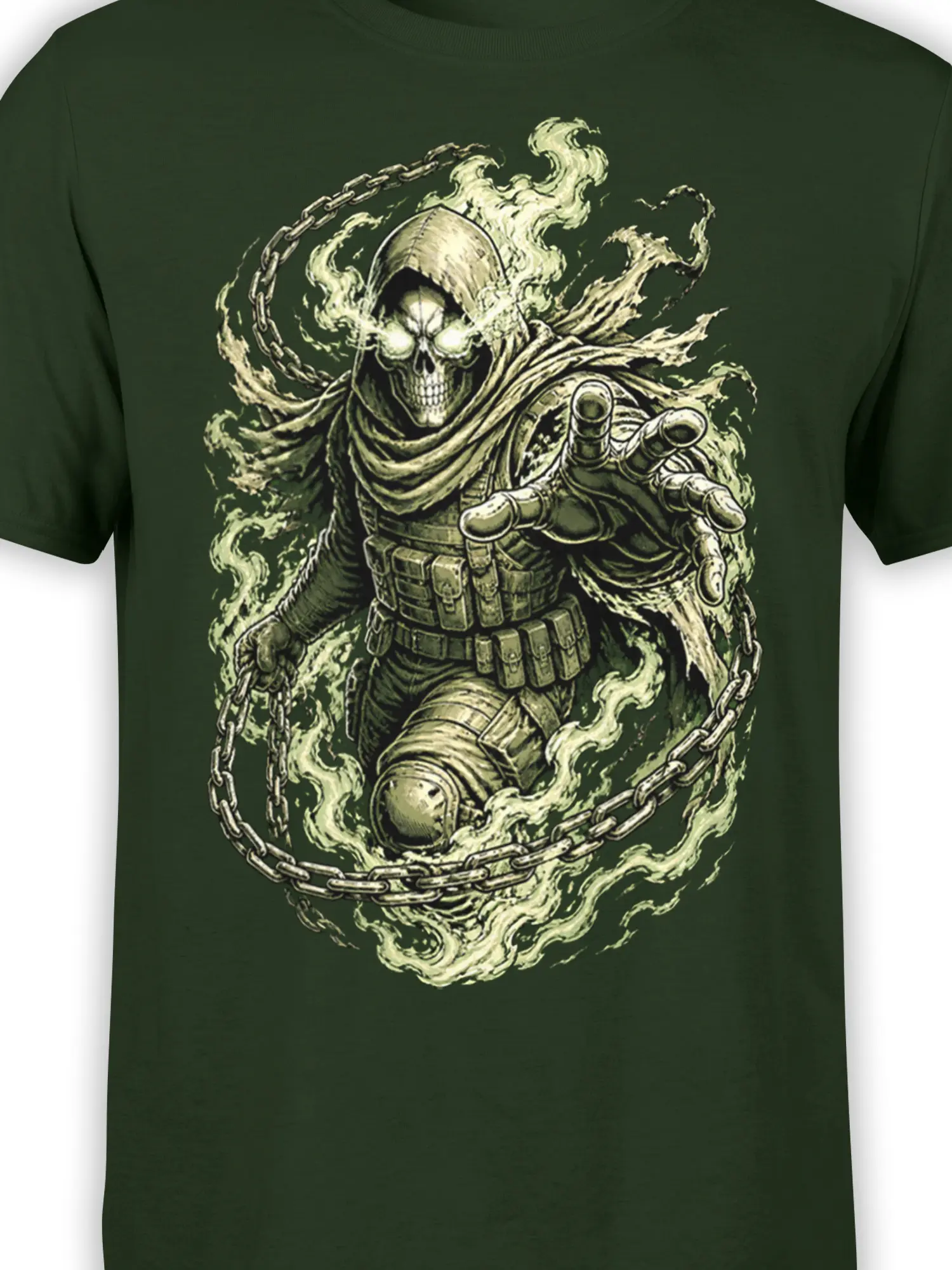 Close-up of the armored skull warrior, chains, and ghostly flames on a dark green shirt