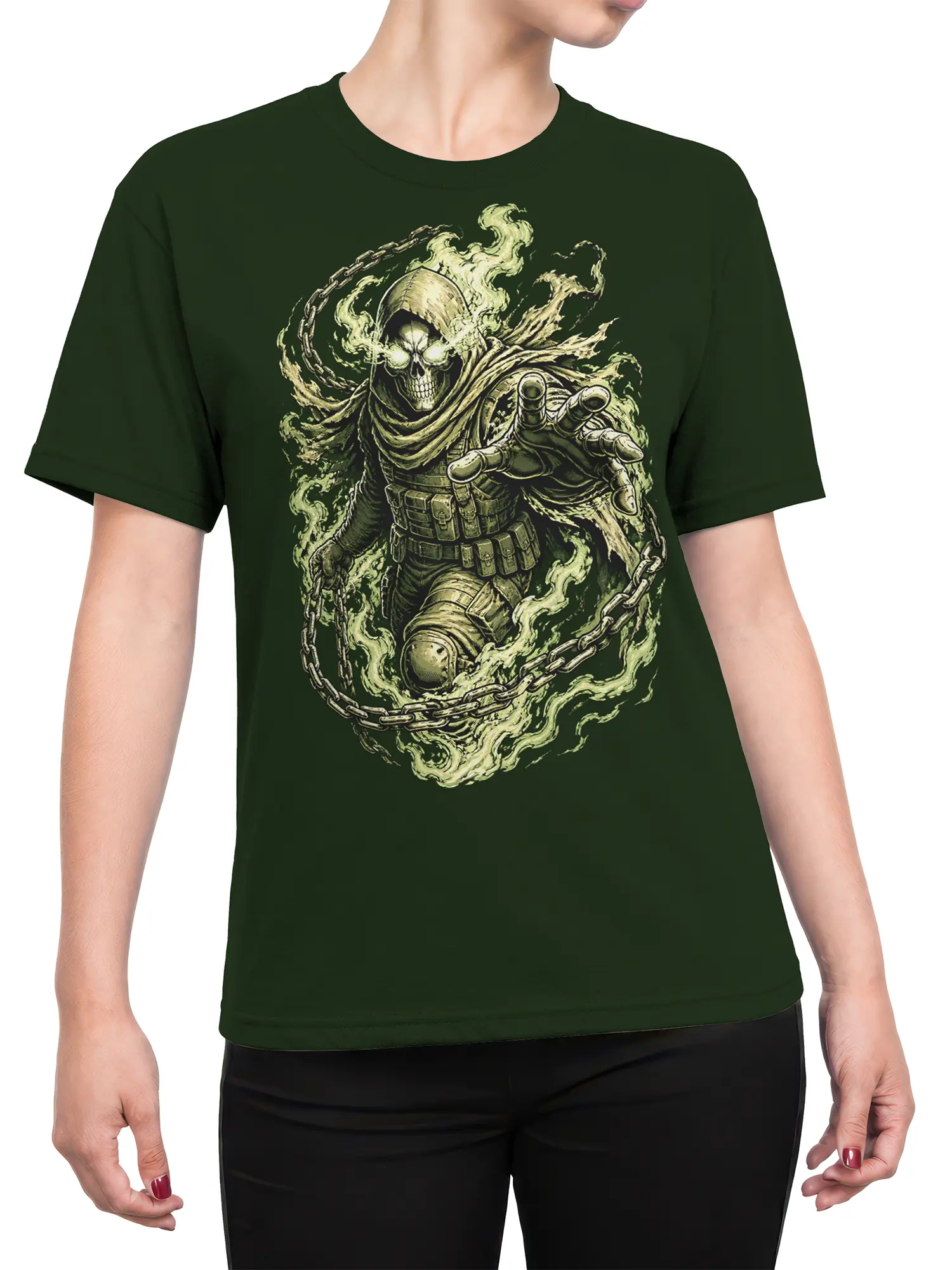Female torso wearing a dark green T-shirt with a hooded skull warrior and chains