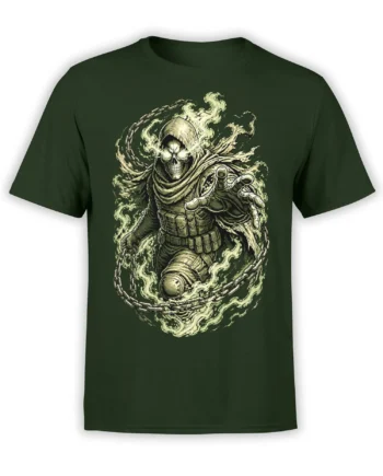 Hooded skull-faced warrior in armor with chains and ghostly flames on a dark green T-shirt