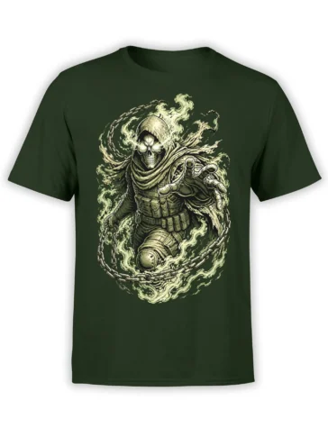 Hooded skull-faced warrior in armor with chains and ghostly flames on a dark green T-shirt