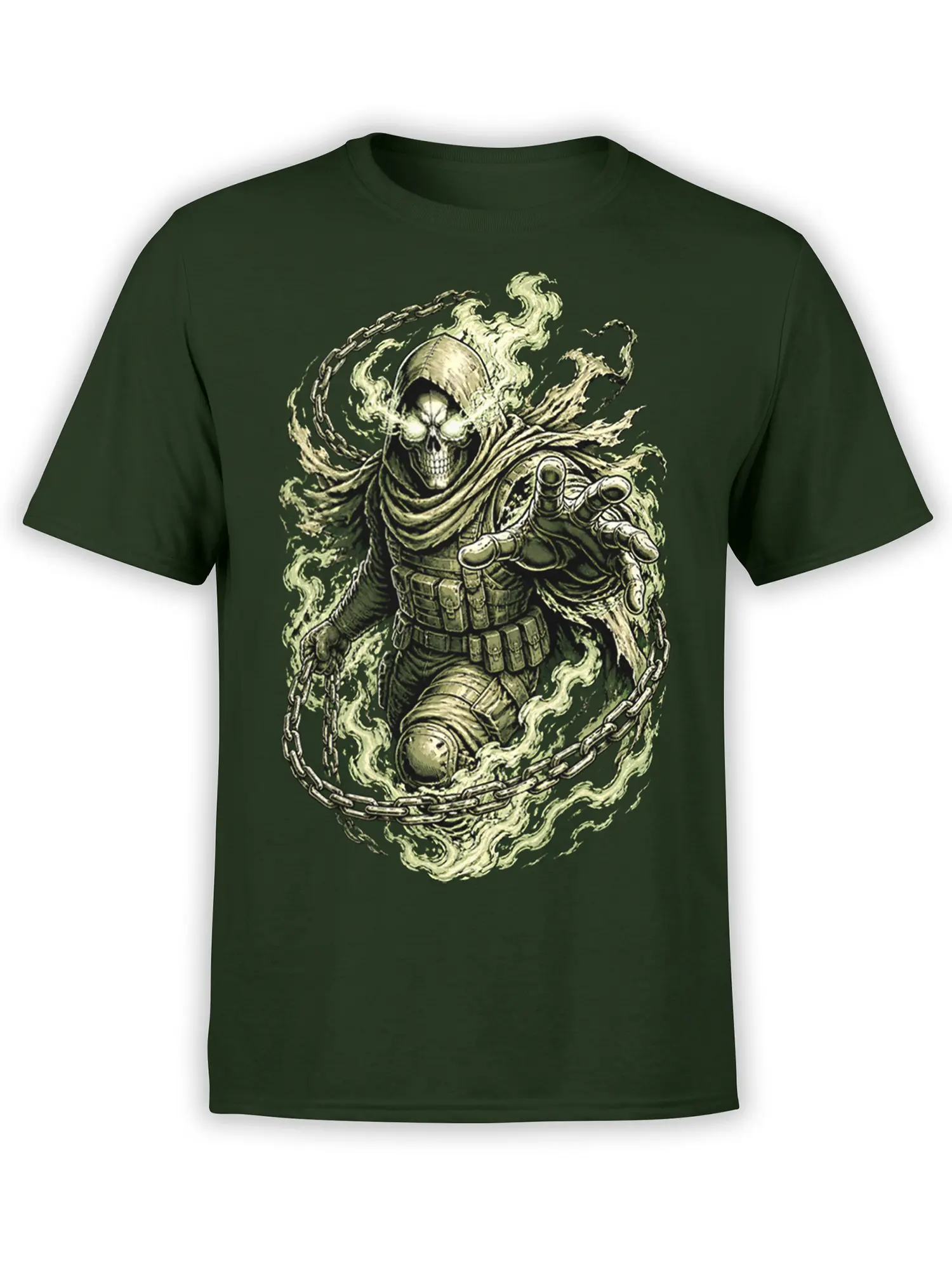 Hooded skull-faced warrior in armor with chains and ghostly flames on a dark green T-shirt