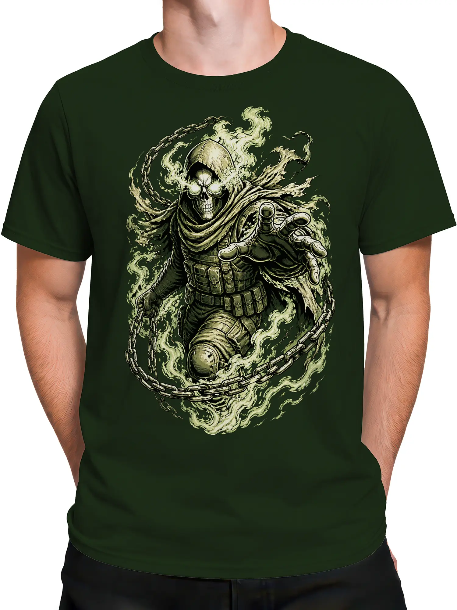 Male torso wearing a dark green T-shirt with a chained skull warrior design