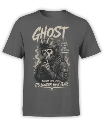 Gray T-shirt with a tactical skull soldier, helmet, binoculars, smoke, and distressed mission lettering