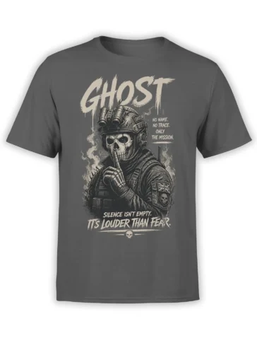 Gray T-shirt with a tactical skull soldier, helmet, binoculars, smoke, and distressed mission lettering