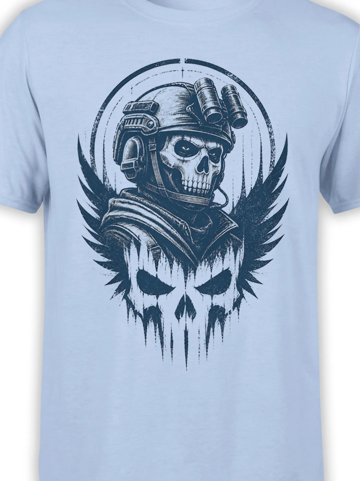 Close-up of helmeted skull artwork with binoculars on a light blue graphic T-shirt