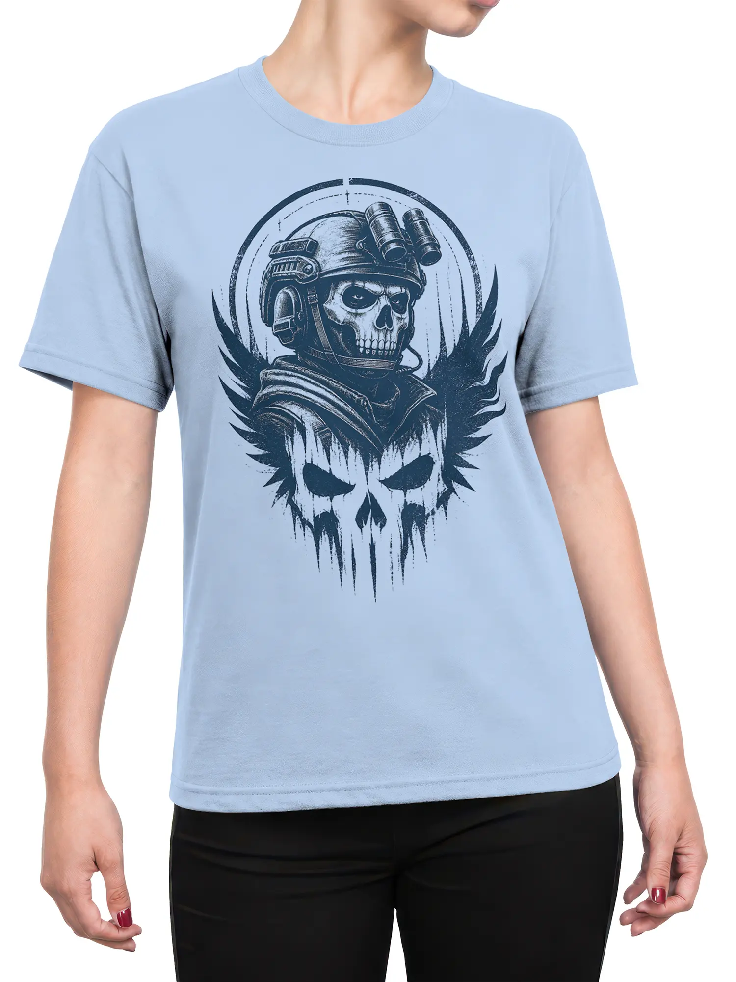 Female torso wearing a light blue T-shirt with a helmeted skull and binoculars graphic
