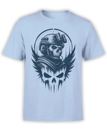 Helmeted skull with binoculars and sharp black wings printed on a light blue T-shirt