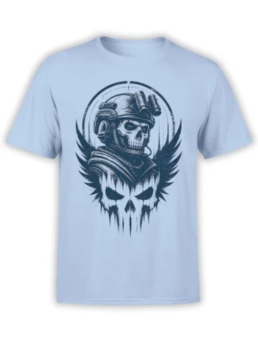 Helmeted skull with binoculars and sharp black wings printed on a light blue T-shirt