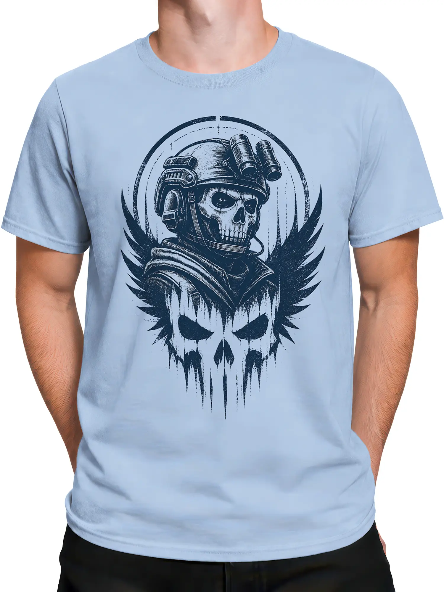 Male torso wearing a light blue T-shirt with distressed helmeted skull artwork