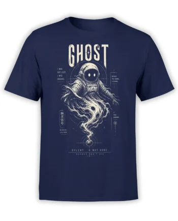 Ghostly astronaut floating above a planet with vintage cosmic lettering on a navy T-shirt