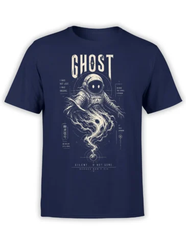 Ghostly astronaut floating above a planet with vintage cosmic lettering on a navy T-shirt