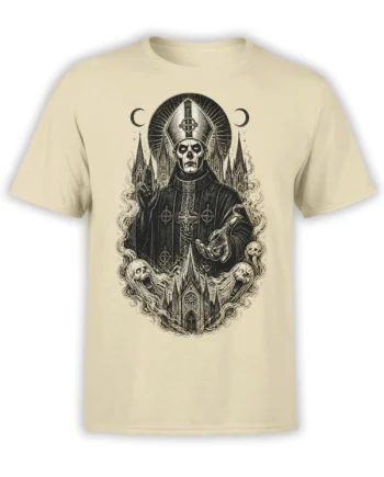 Skull-faced bishop and haunted gothic cathedral graphic printed on a beige T-shirt