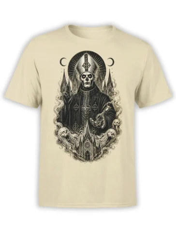 Skull-faced bishop and haunted gothic cathedral graphic printed on a beige T-shirt