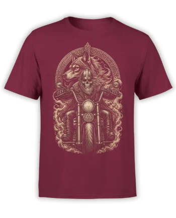 Wolf and skeleton rider motorcycle design printed in cream on a burgundy T-shirt