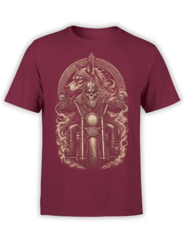 Wolf and skeleton rider motorcycle design printed in cream on a burgundy T-shirt