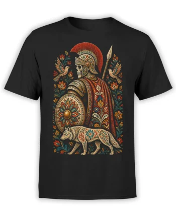 Black T-shirt with an ornamental wolf, floral patterns, skull-faced warrior, shield, and spear