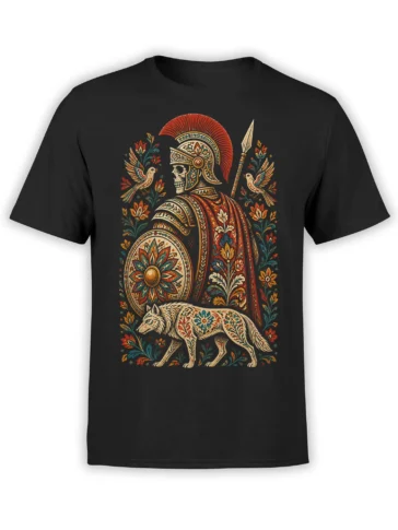 Black T-shirt with an ornamental wolf, floral patterns, skull-faced warrior, shield, and spear