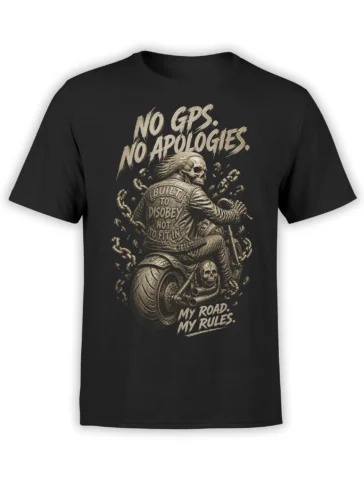 Black biker T-shirt with a skull rider, motorcycle, broken chains, and “No GPS. No Apologies.” lettering