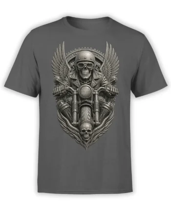 Dark gray biker T-shirt with a detailed winged skull rider on a motorcycle and a second skull below