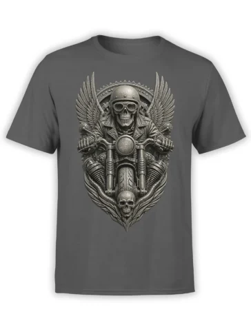 Dark gray biker T-shirt with a detailed winged skull rider on a motorcycle and a second skull below
