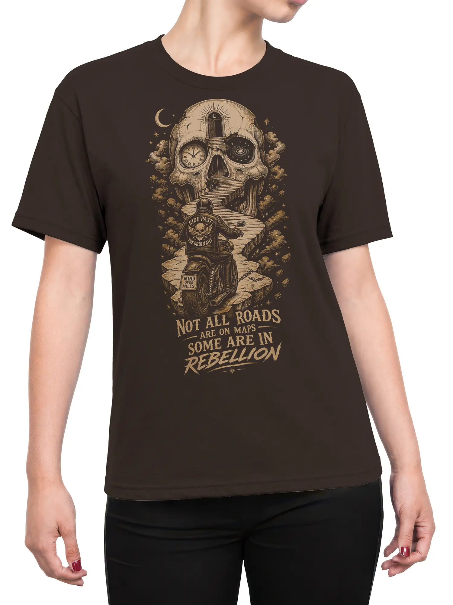 Female torso wearing a brown biker T-shirt with a cosmic skull road design and rebellious vintage lettering
