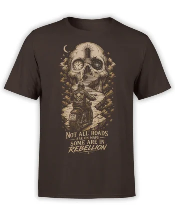 Brown biker T-shirt with motorcycle rider, cosmic skull gateway, and “Not All Roads” rebellion text