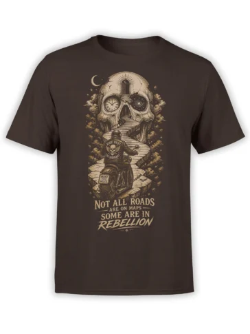 Brown biker T-shirt with motorcycle rider, cosmic skull gateway, and “Not All Roads” rebellion text