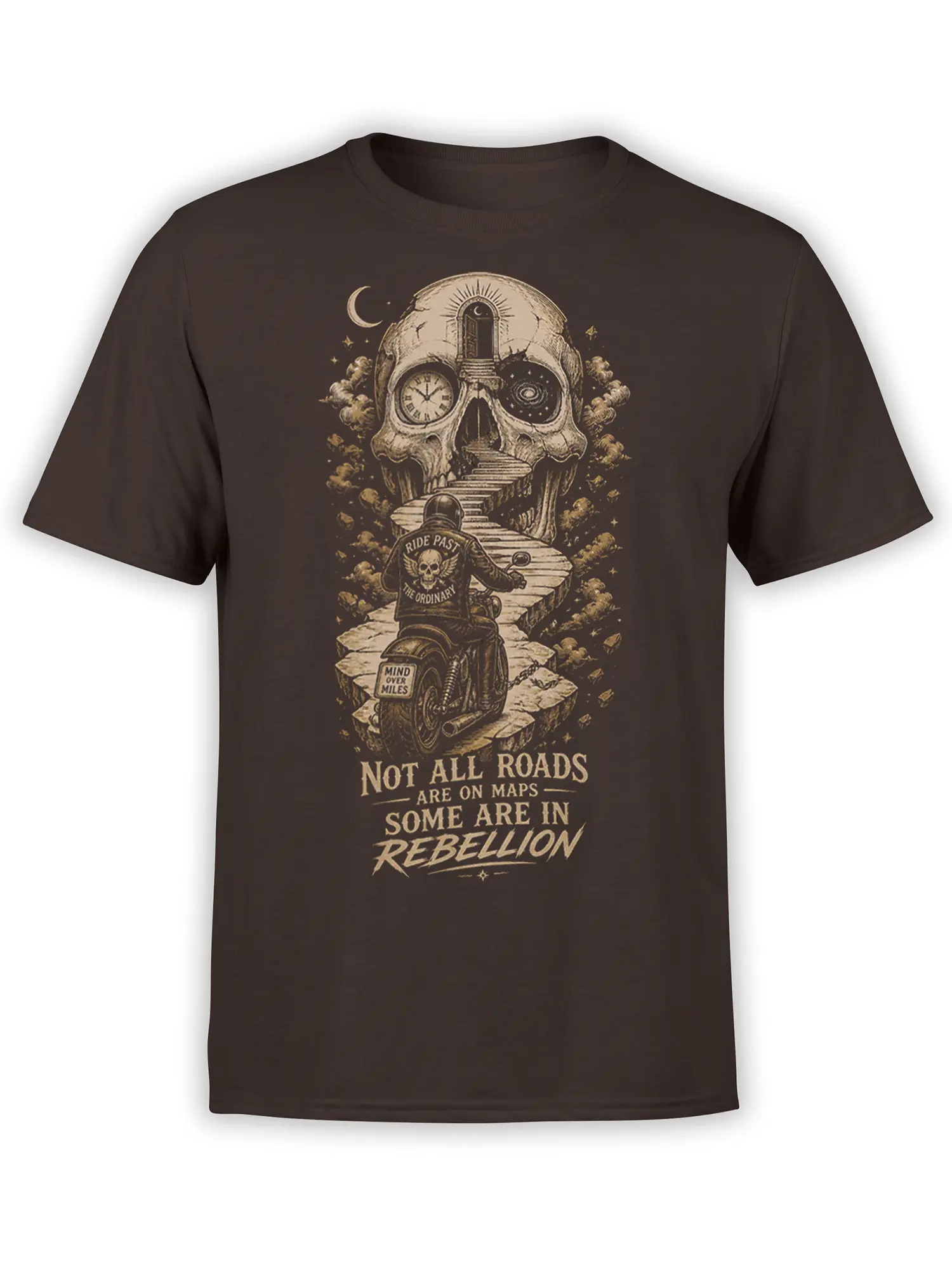 Brown biker T-shirt with motorcycle rider, cosmic skull gateway, and “Not All Roads” rebellion text