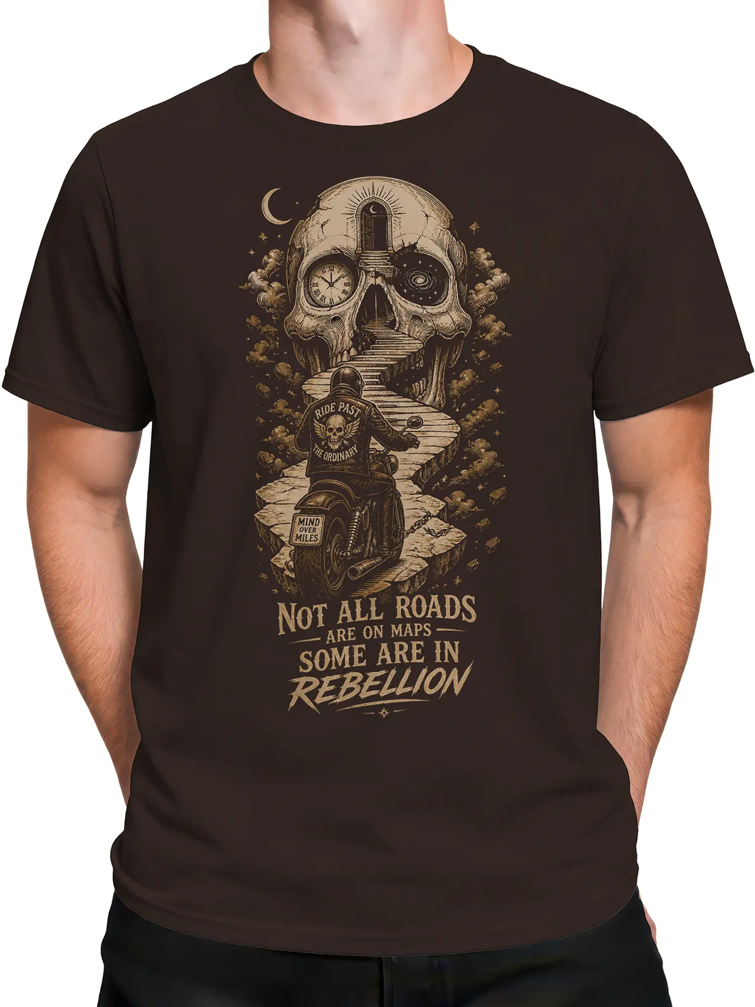 Male torso wearing a brown biker T-shirt with motorcycle rider, skull gateway, and vintage rebellion artwork